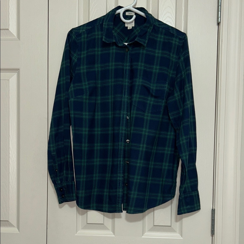 J. Crew Navy and Green Plaid Button Down Shirt